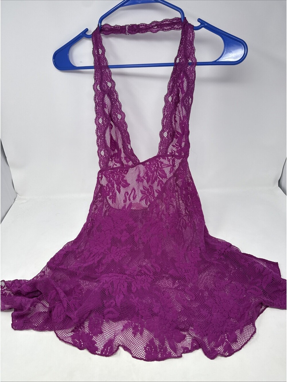 Victoria’s Secret Mesh Magenta Fishnet Floral Lace Halter Lingerie Babydoll Sz S